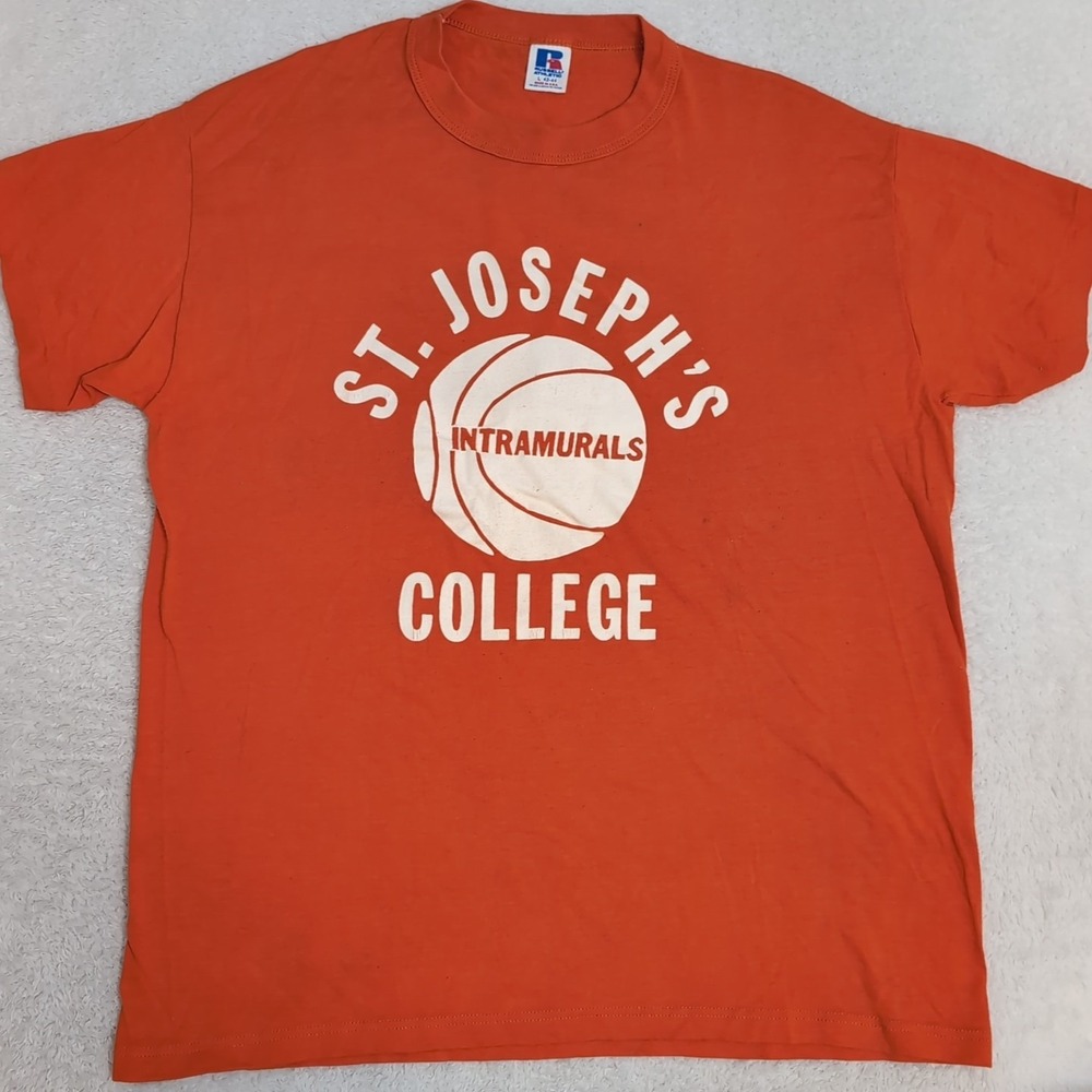 St‎ Joseph Vintage Single Stiched Russell T-Shirt Size L orange MADE IN USA